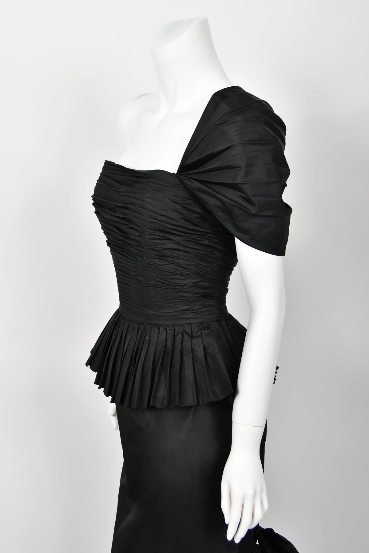 1986 Chanel Documented Runway Black Pleated Silk One-Shoulder Hourglass Gown