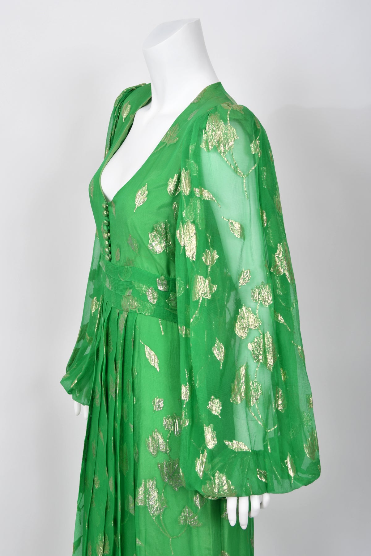 1974 Thea Porter Couture Metallic Green Sheer Silk Billow-Sleeve Maxi Dress