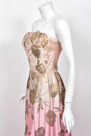 1950’s Philip Hulitar Couture Metallic Floral Ombré Pink Silk Satin Appliquéd Strapless Gown