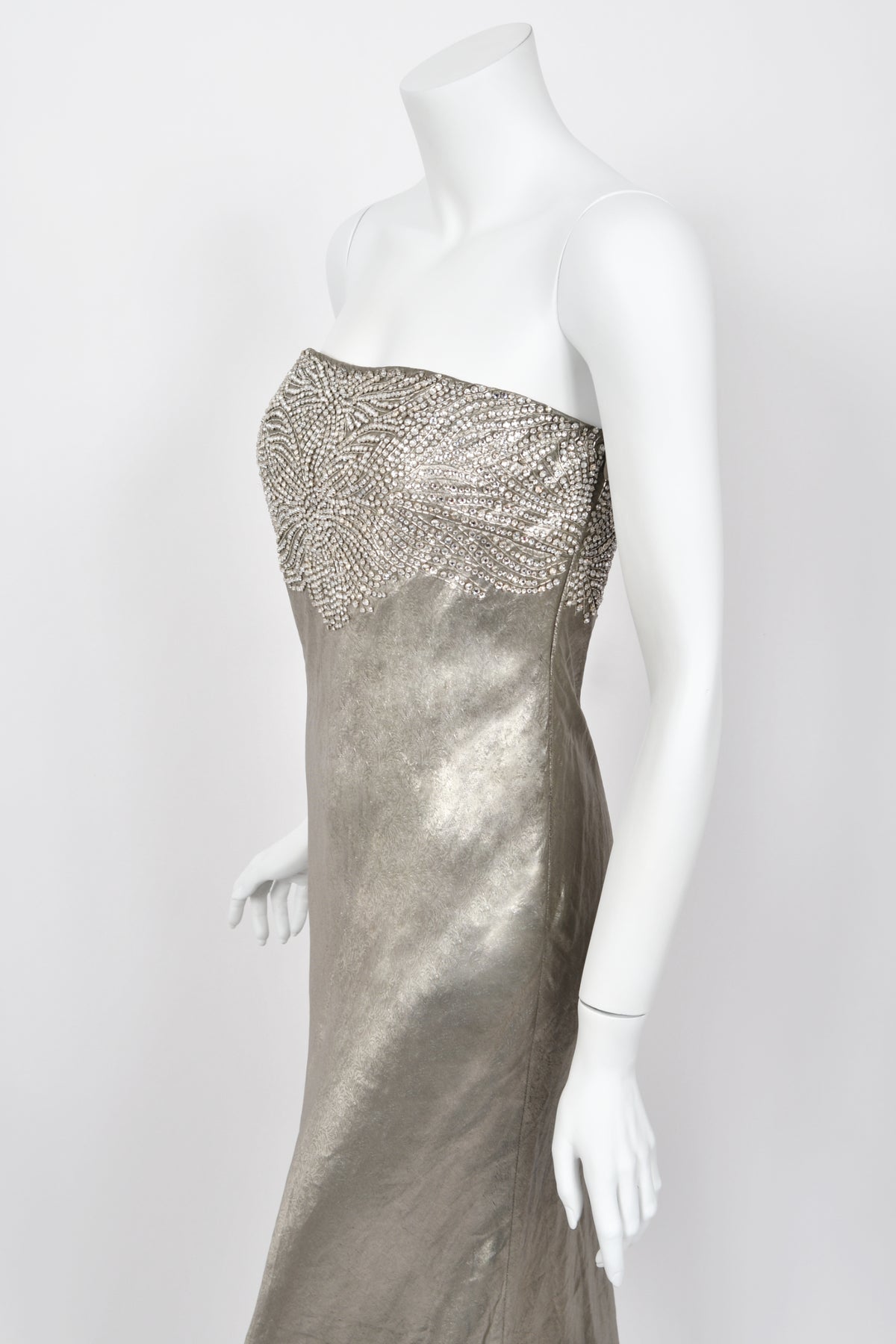 2007 Ralph Lauren Beaded Rhinestone Metallic Silver Lamé Strapless Bias-Cut Gown