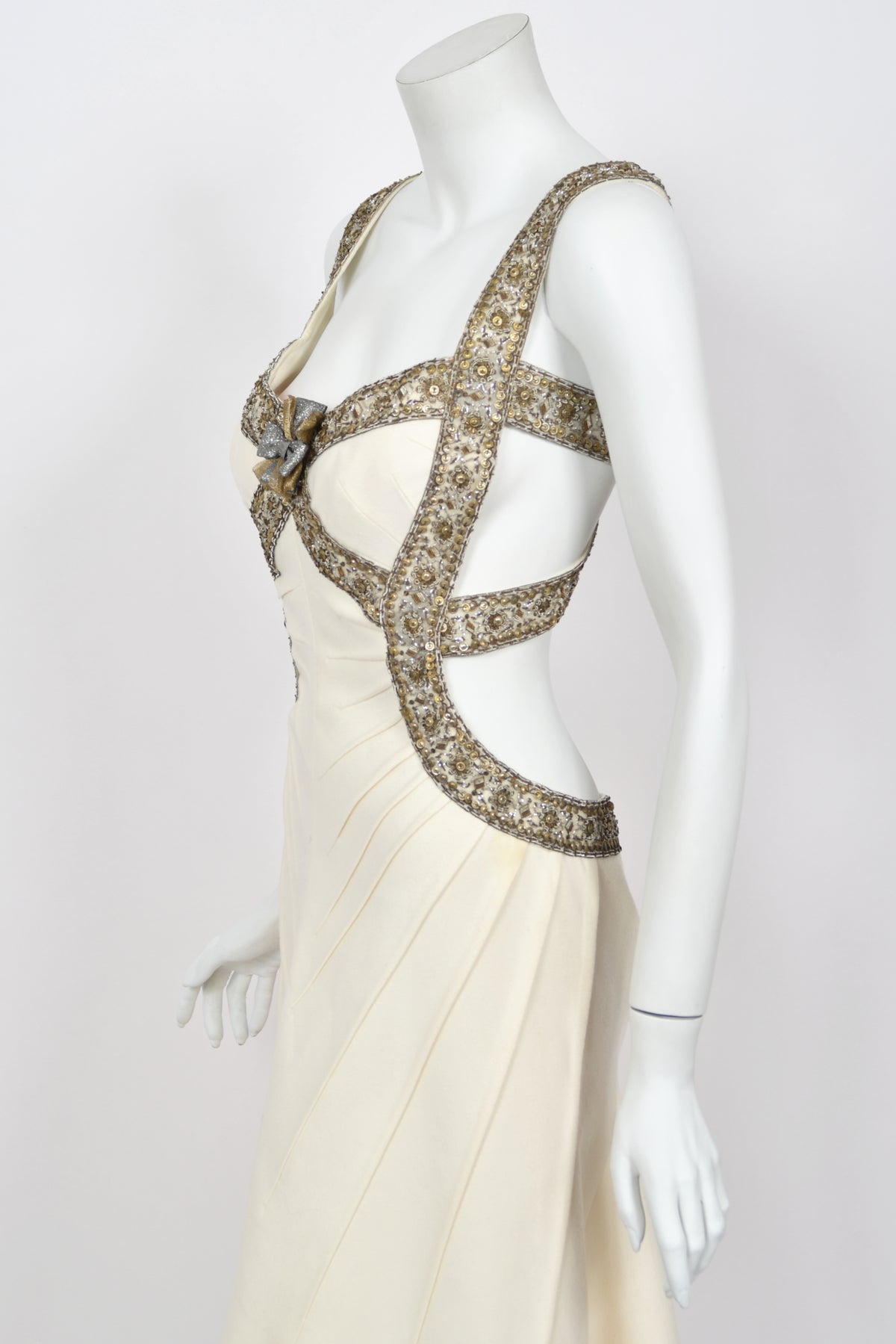 2003 Alexander McQueen Metallic Beaded Embroidered Ivory Wool Open-Back Dress
