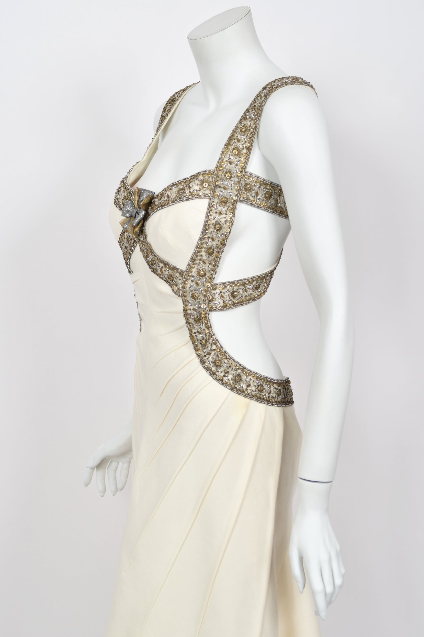 2003 Alexander McQueen Metallic Beaded Ivory Wool Open-Back Dress - Timeless Vixen 2003 Alexander McQueen Metallic Beaded Ivory Wool Open-Back Dress - Timeless Vixen