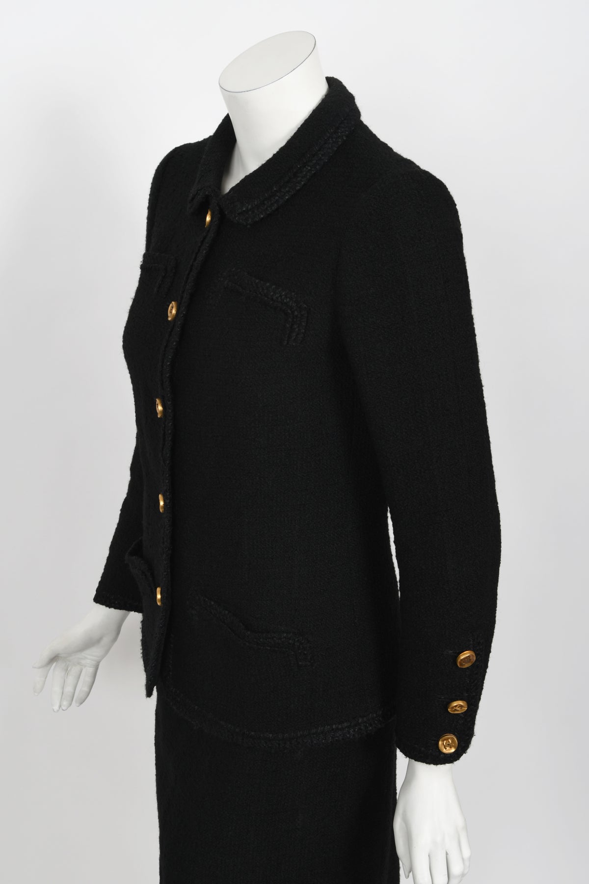 1973 Chanel Haute Couture Black Boucle Wool Logo Buttons Jacket Suit