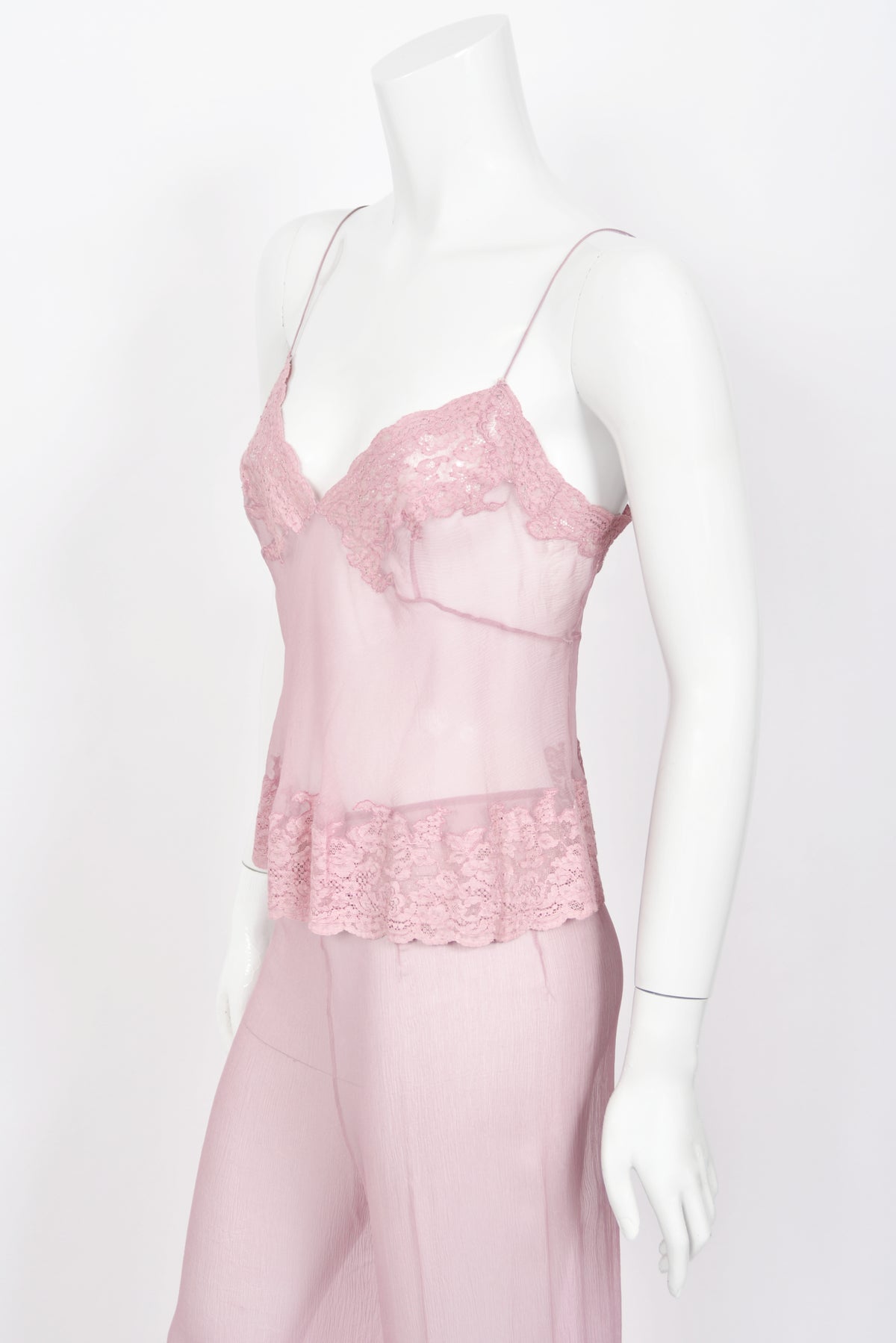 1999 Christian Dior by John Galliano Lilac Sheer Silk &amp; Lace &#39;Lingerie&#39; Camisole Pants Set