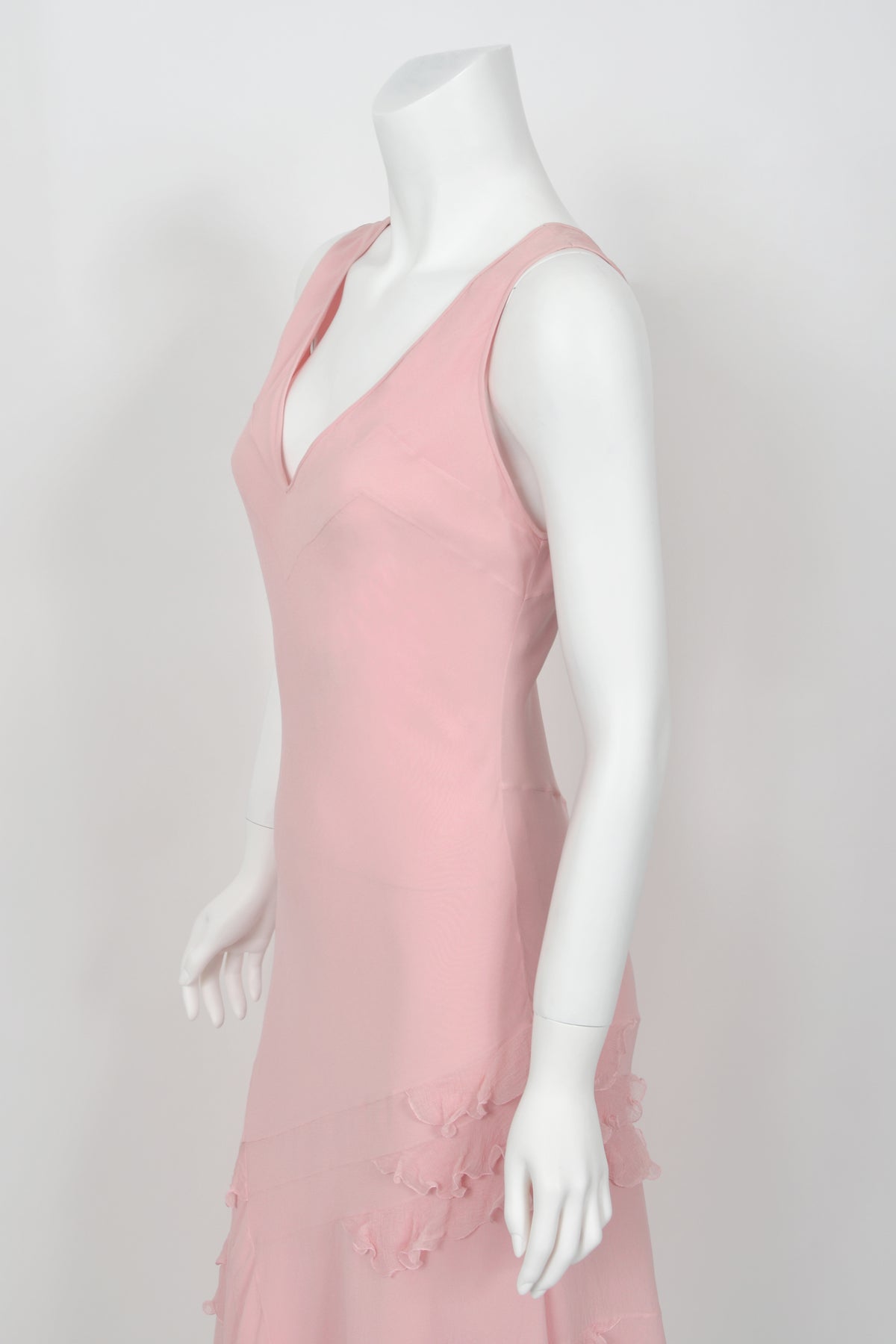 2004 Christian Dior by John Galliano Pastel Pink Silk Tiered Ruffle Bias-Cut Dress