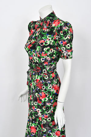 1930's Fashion Originators Guild Rhinestone Studded Floral Silk Neck-Bow Gown