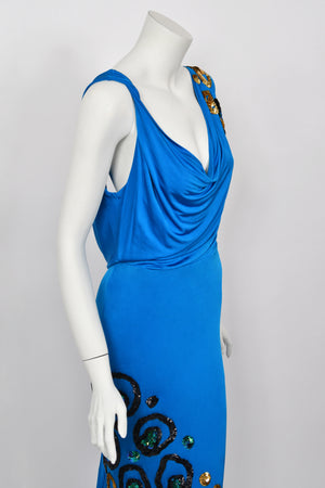 2007 John Galliano Ocean Blue Sequin Viscose Draped Backless Hourglass Gown