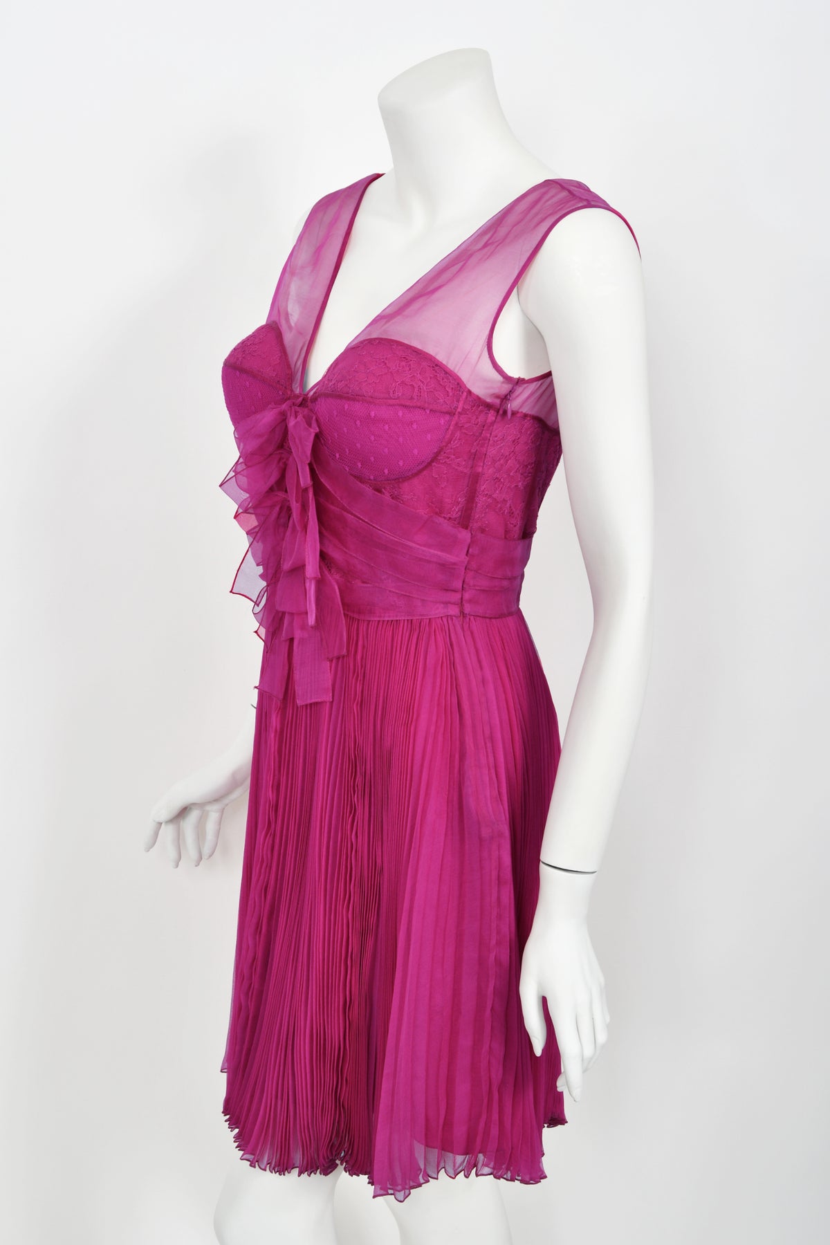 2010 Christian Dior by John Galliano Fuchsia Pink Pleated Sheer Silk Lingerie Dress