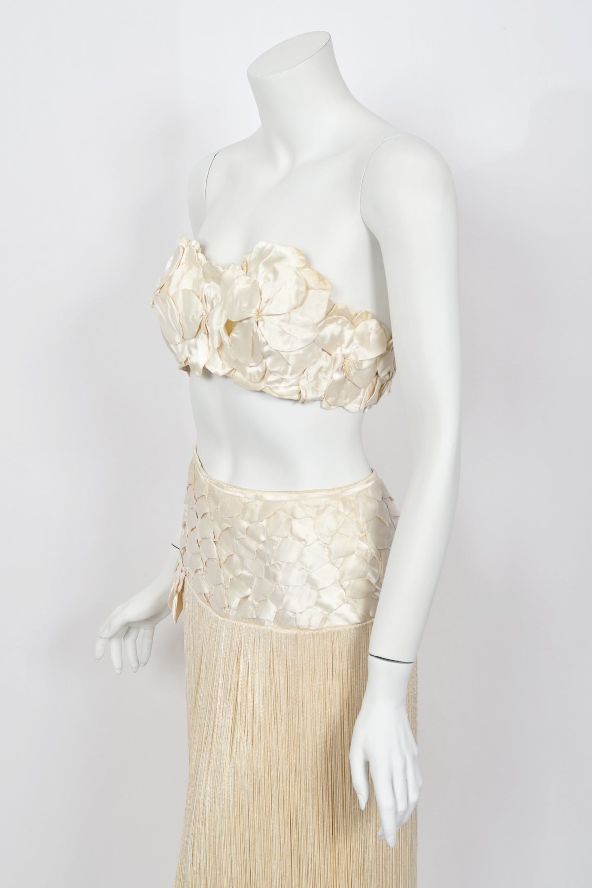 1950&#39;s Ivory Floral Appliqué Silk Bustier Crop Top &amp; Matching Fringe Skirt Set