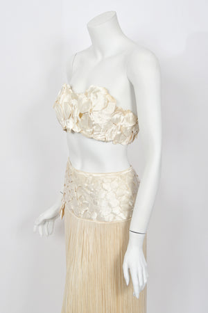 1950's Ivory Floral Appliqué Silk Bustier Crop Top & Matching Fringe Skirt Set