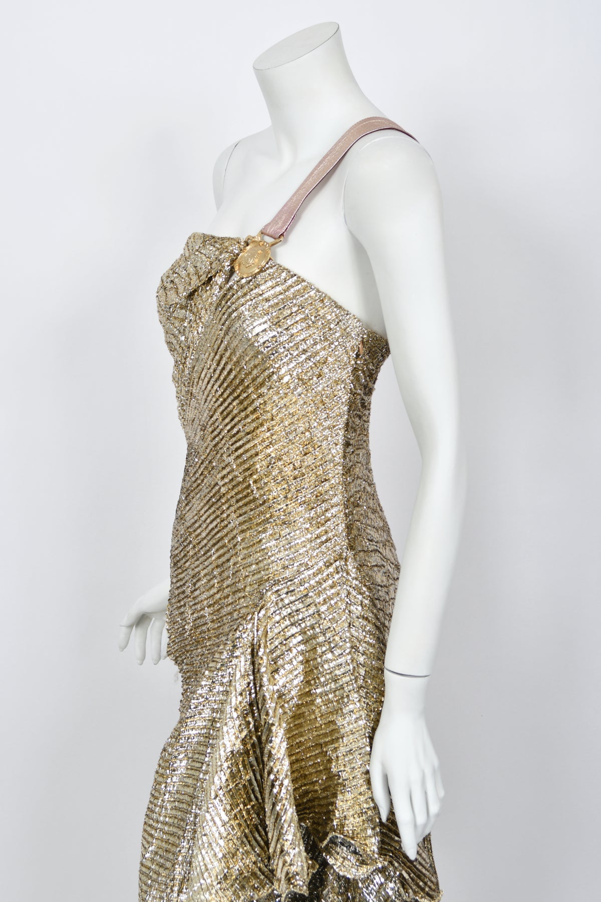 1994 Gianni Versace Couture Runway Metallic Gold Pleated Lamè High-Slit Gown