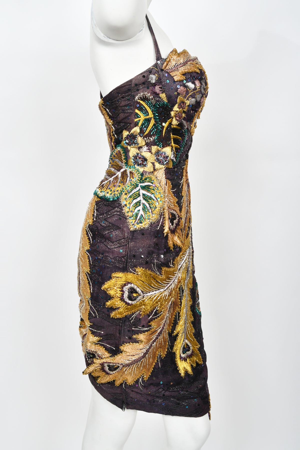 1970&#39;s Embroidered Peacock Motif Beaded Silk Couture Dance Dress