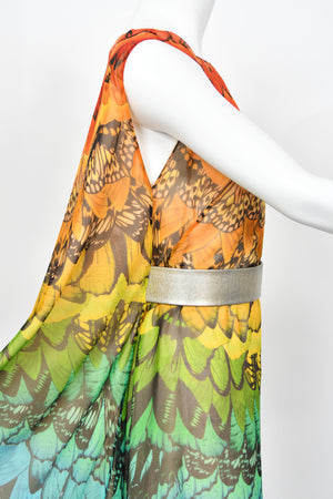 2008 Alexander McQueen Documented Rainbow Butterfly Print Silk Belted Cape Dress