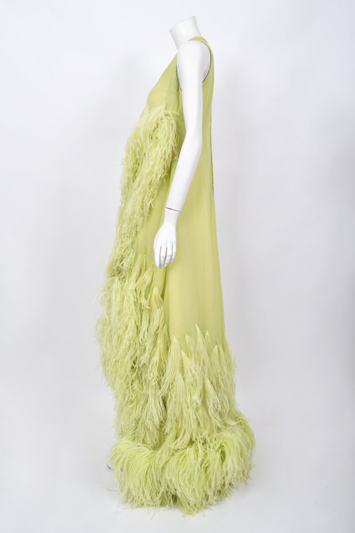 1968 Christian Dior Haute Couture Maria Felix Owned Chartreuse Silk Feather Gown