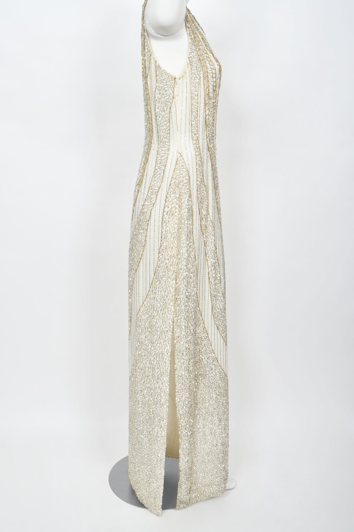1984 Bob Mackie Couture Ivory Beaded Silk One-Shoulder Goddess Gown