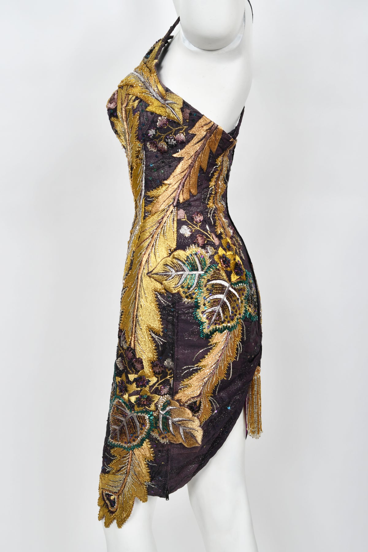 1970&#39;s Embroidered Peacock Motif Beaded Silk Couture Dance Dress