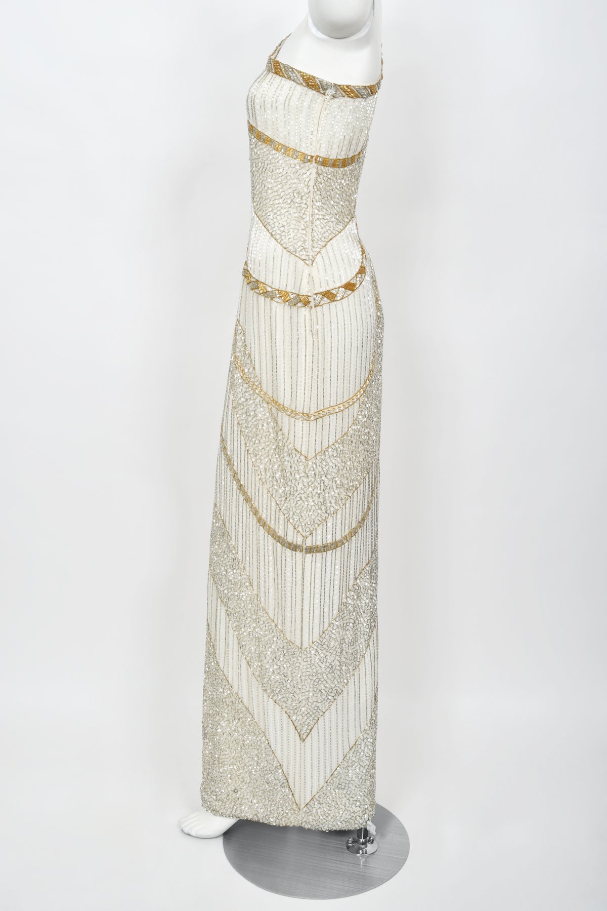 1984 Bob Mackie Couture Ivory Beaded Silk One-Shoulder Goddess Gown