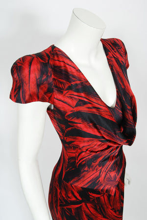 2009 Alexander McQueen Lifetime Red & Black Feather Print Silk Hourglass Gown