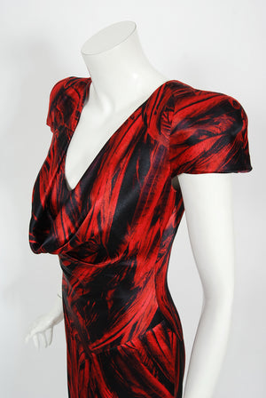 2009 Alexander McQueen Lifetime Red & Black Feather Print Silk Hourglass Gown