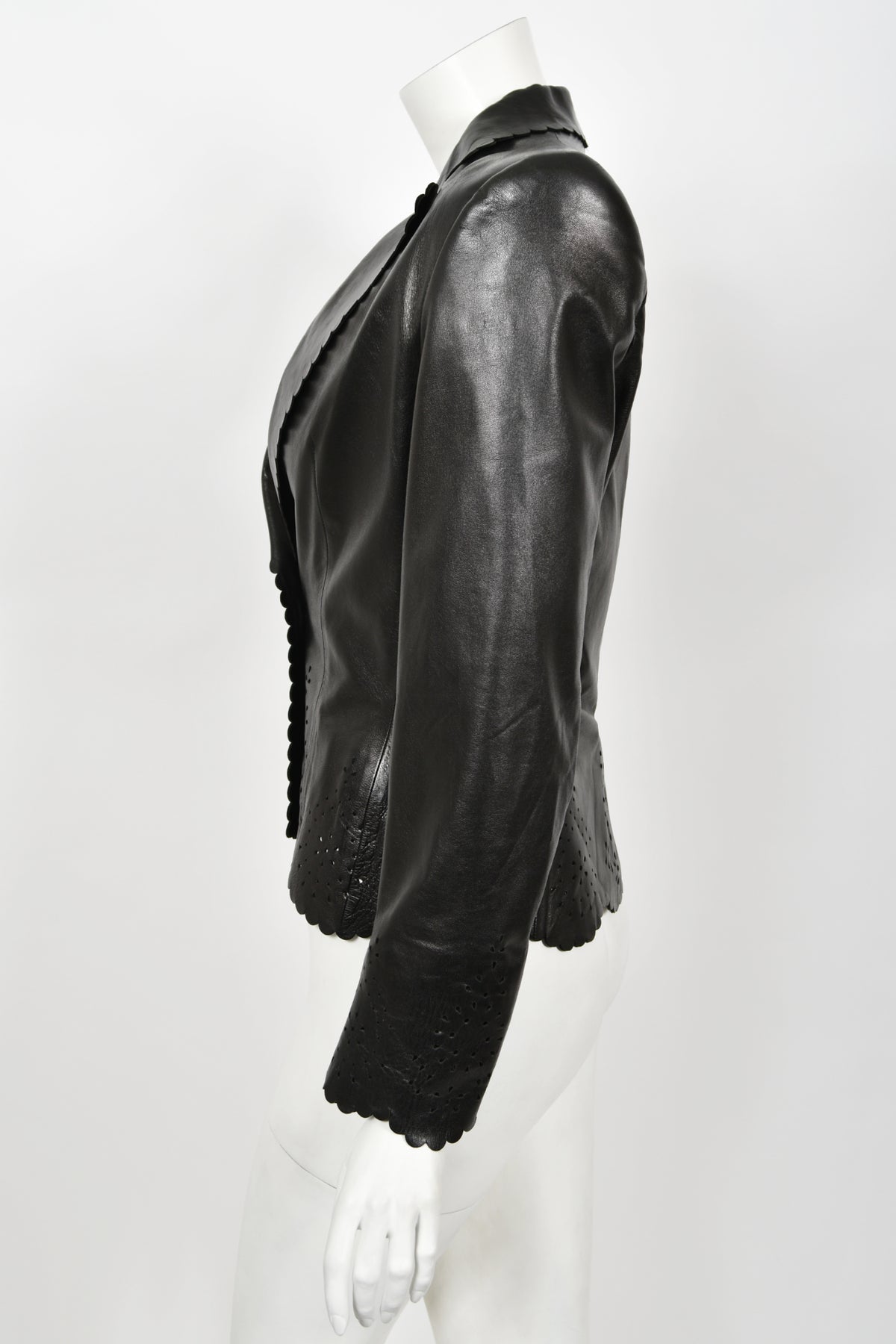 1997 Alexander Mcqueen for Givenchy Runway Black Leather Cutwork Blazer Jacket