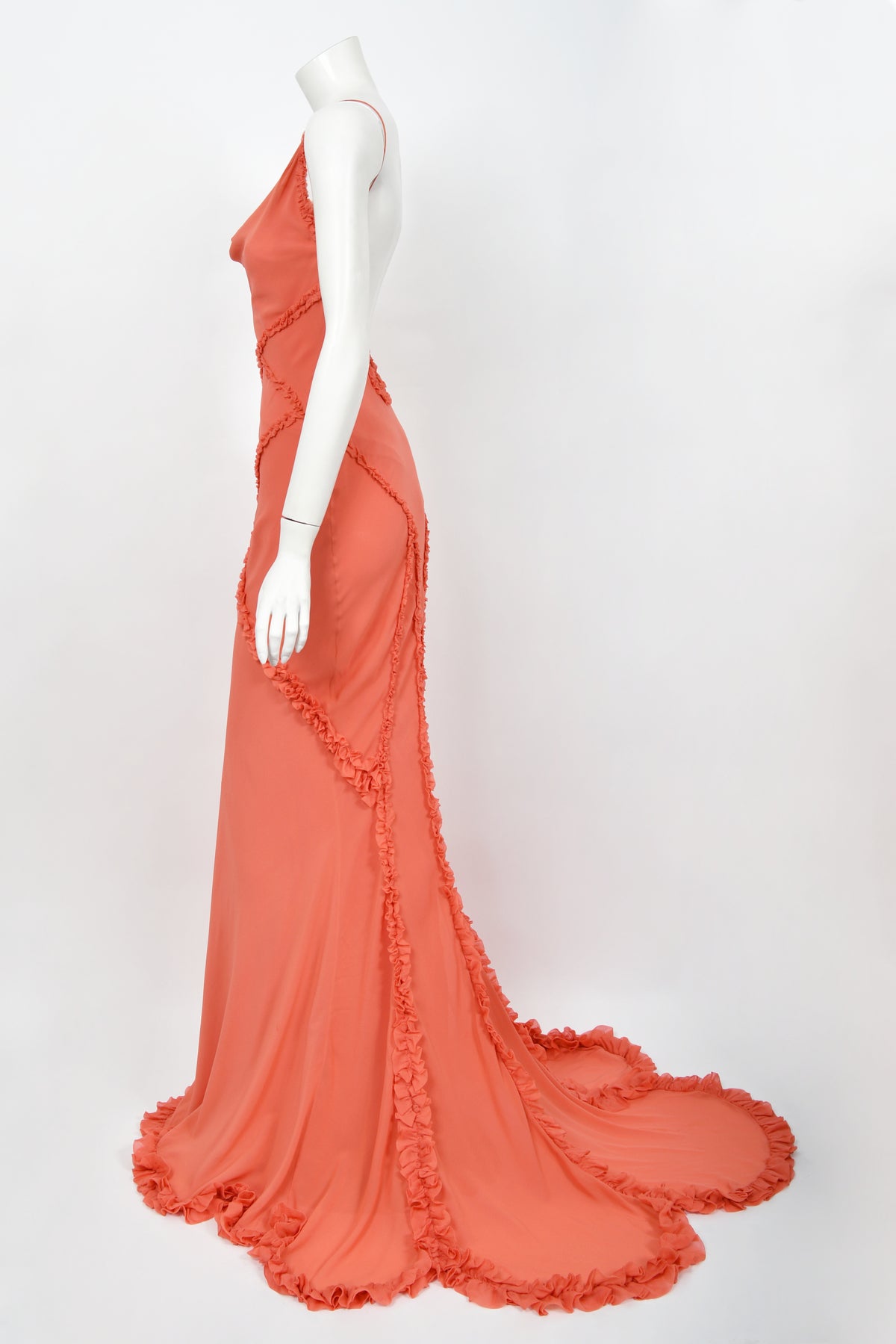 2008 John Galliano Coral Pink Silk Bias-Cut Scalloped Train Backless Gown