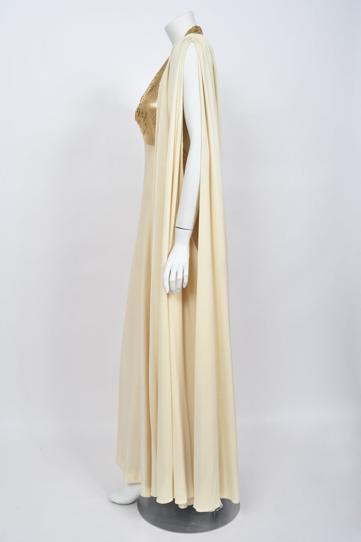 1972 Loris Azzaro Couture Ivory Silk-Jersey &amp; Gold Metal Mesh Backless Gown w/ Cape