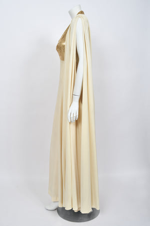 1972 Loris Azzaro Couture Ivory Silk-Jersey & Gold Metal Mesh Backless Gown w/ Cape
