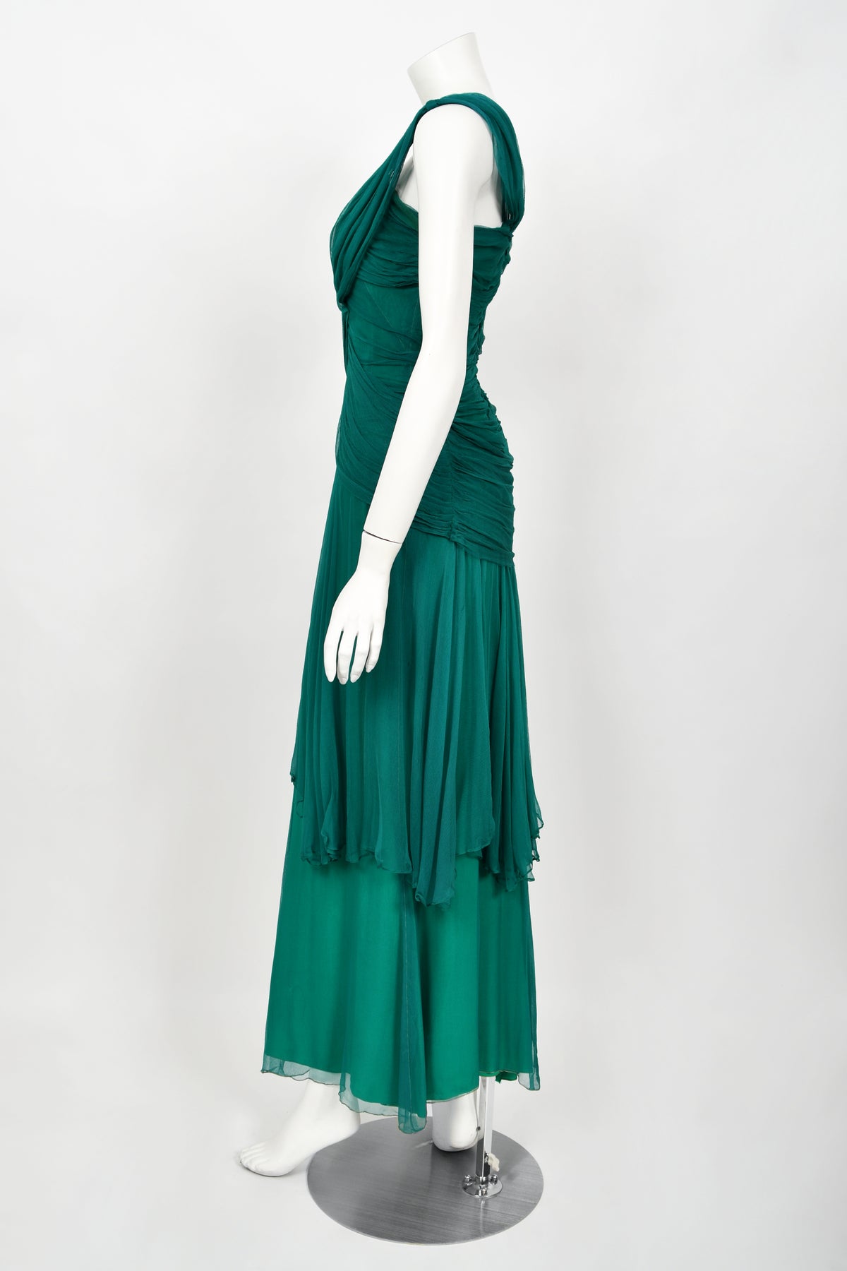 1958 Irene Lentz Couture Teal Green Draped Silk Grecian Goddess Gown