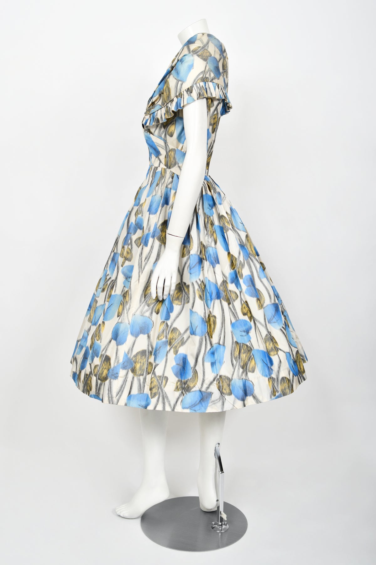 1956 Christian Dior Couture Blue Floral Silk Portrait Collar New Look Dress