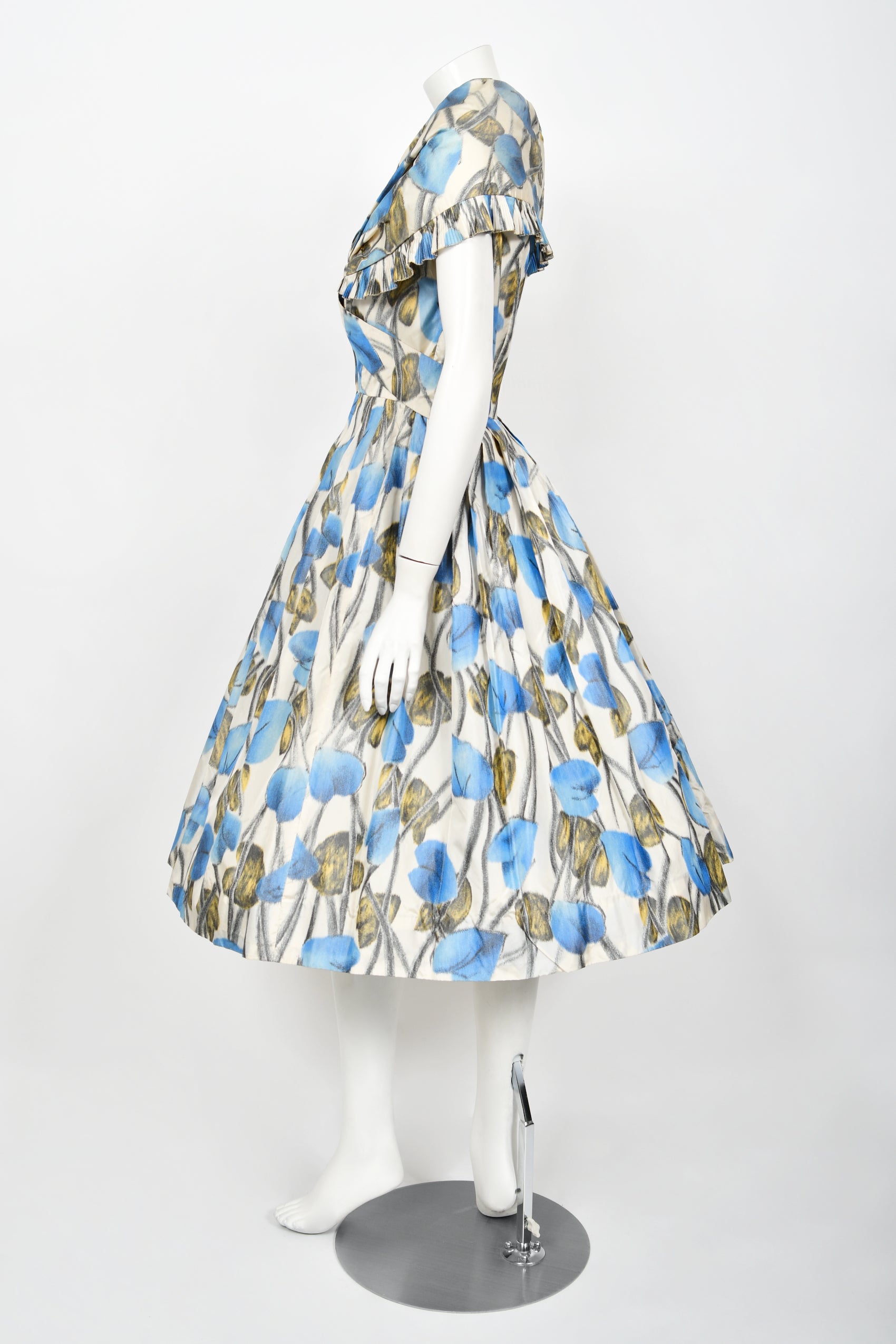 Vintage 1956 Christian Dior Couture Blue Floral Silk Portrait Collar New Look Dress - Timeless Vixen Vintage 1956 Christian Dior Couture Blue Floral Silk Portrait Collar New Look Dress - Timeless Vixen
