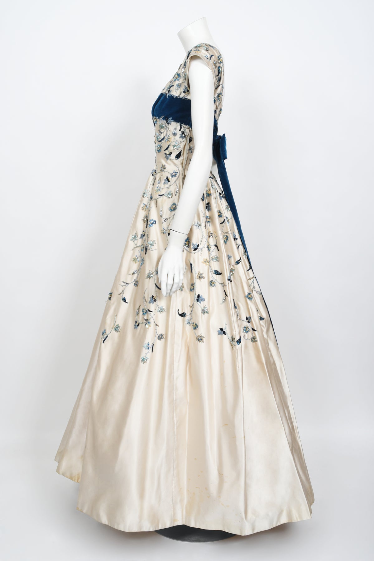 1956 Jacques Griffe Haute Couture Documented Embroidered Beaded Ivory Satin Gown