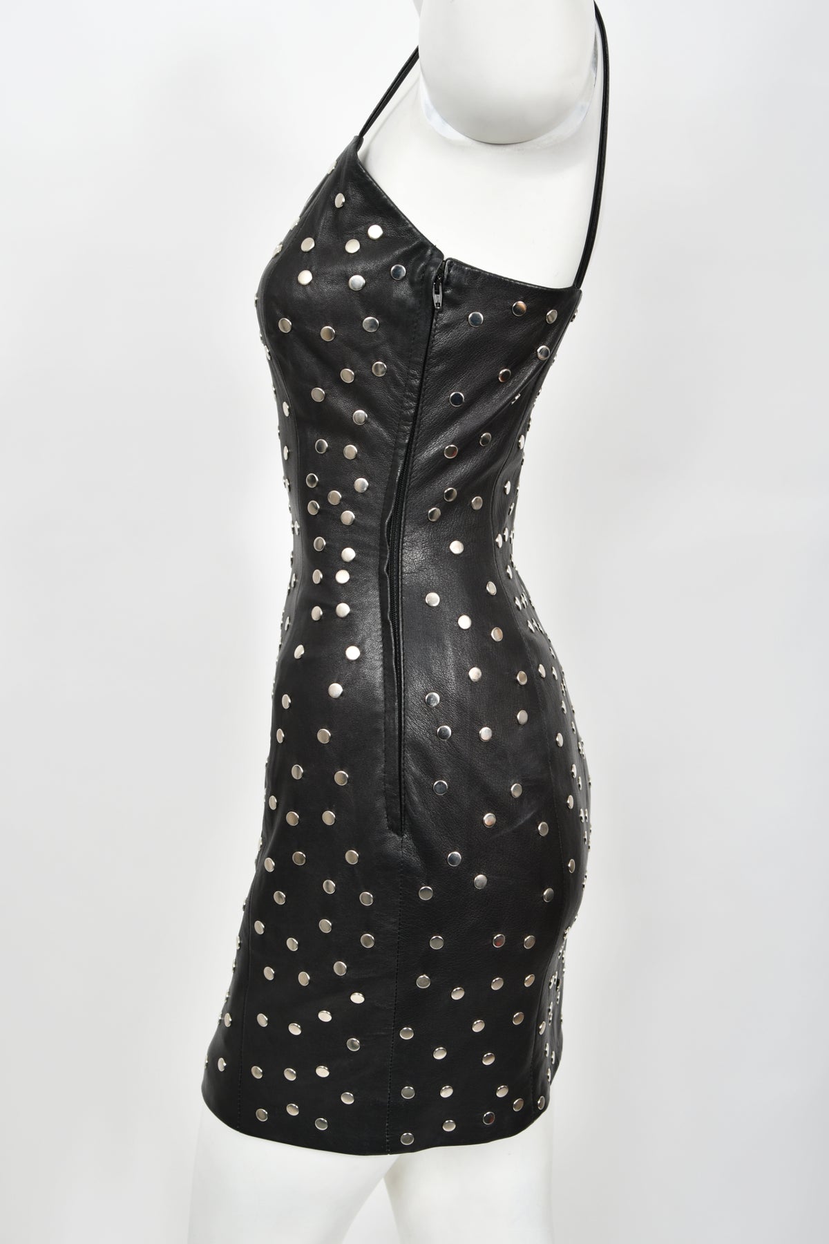 1991 Dolce & Gabbana Documented Runway Studded Black Leather Mini Dress