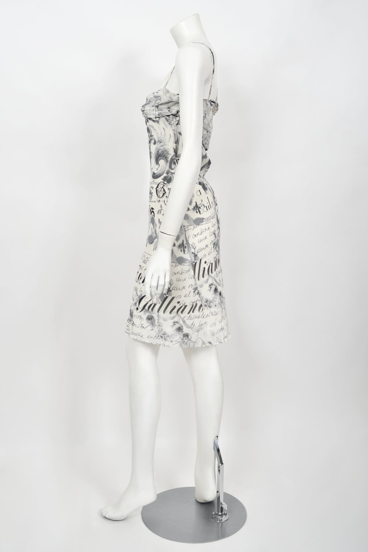 2006 John Galliano Documented Newspaper Print Silk Chiffon Bias-Cut Slip Dress