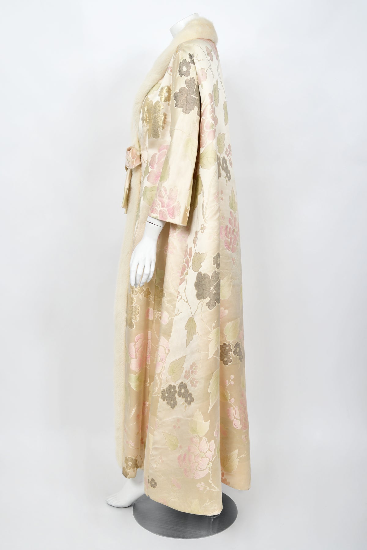 1965 Nina Ricci Haute Couture Documented Pink Silk-Brocade &amp; Mink Fur Maxi Coat
