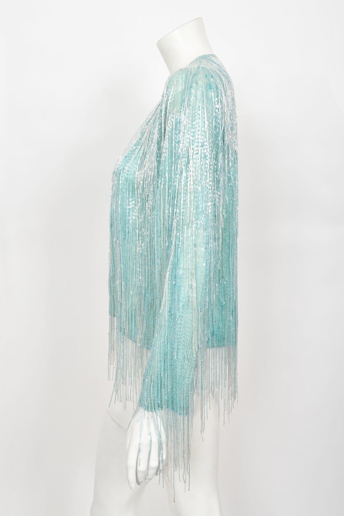 1970&#39;s Halston Couture Ice Blue Beaded Silk Fringe Disco Cardigan Jacket