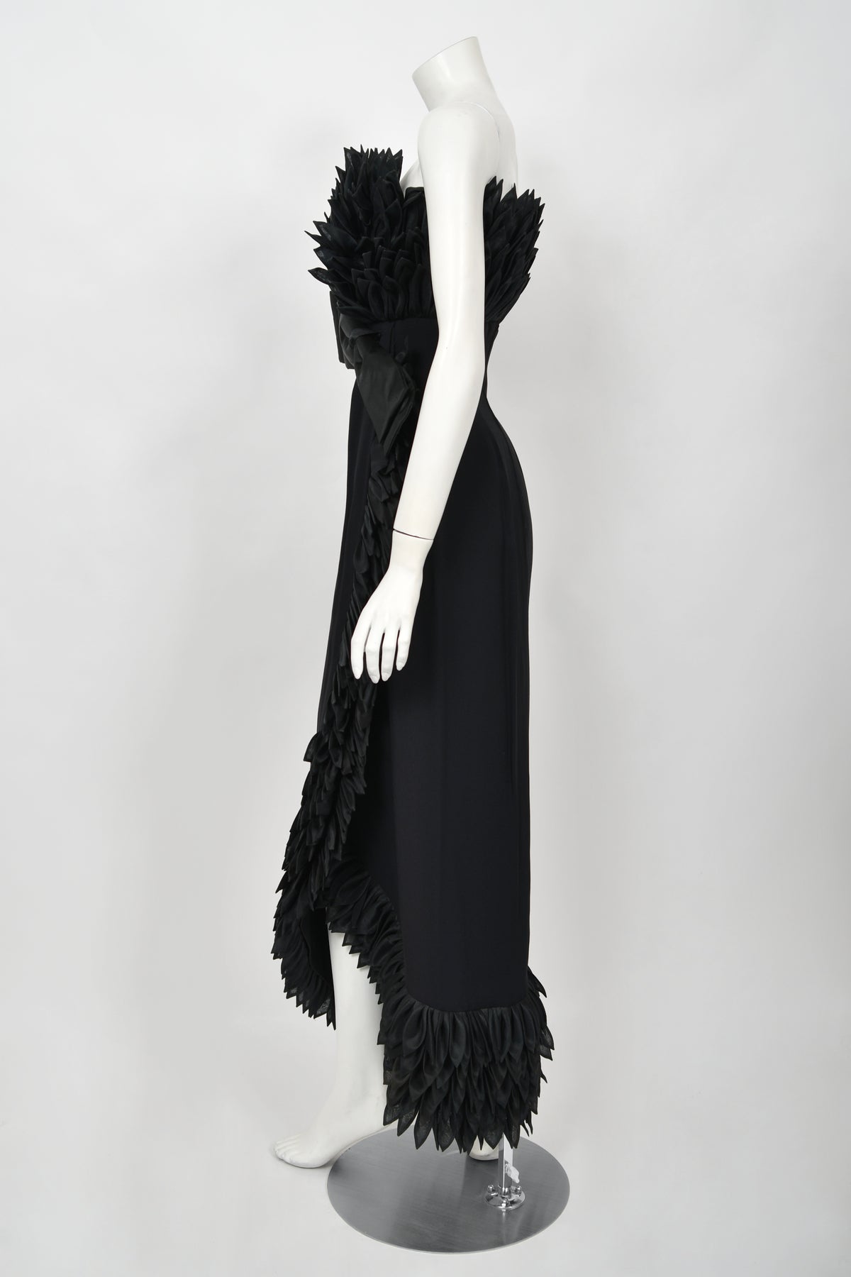 1959 Hall Ludlow Couture Museum-Held Black Silk Appliquéd Petals Hourglass Gown