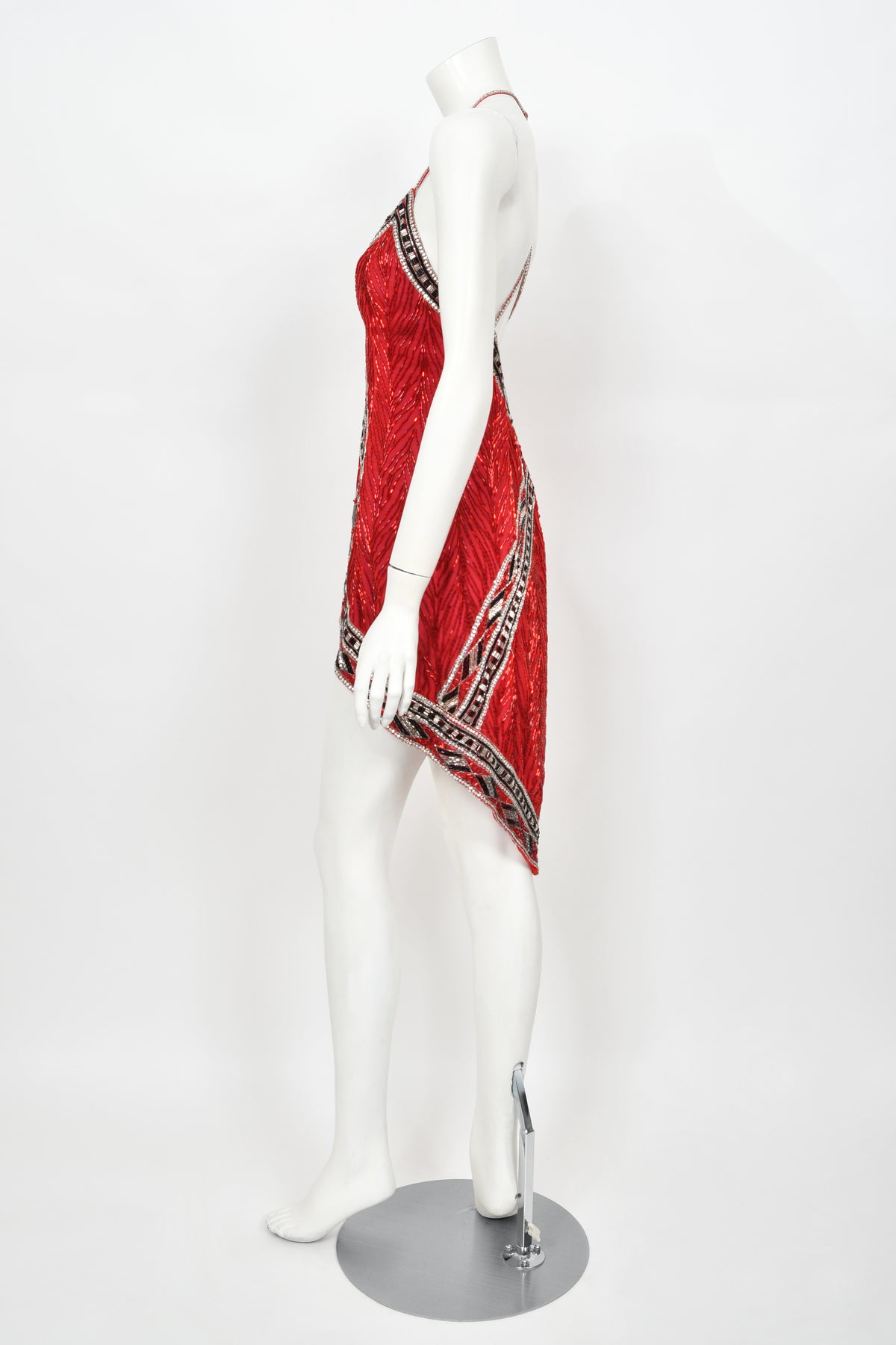 1984 Bob Mackie Documented Fully Beaded Red Silk High Low Micro-Mini Dress