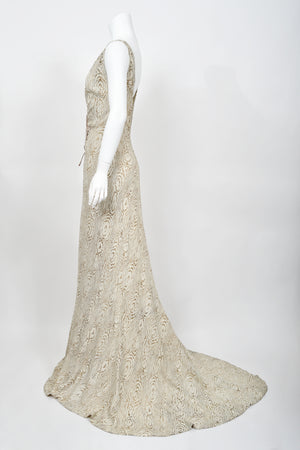 1930's Metallic Wood-Patterned Lamé Deco Appliqué Bias-Cut Trained Bridal Gown