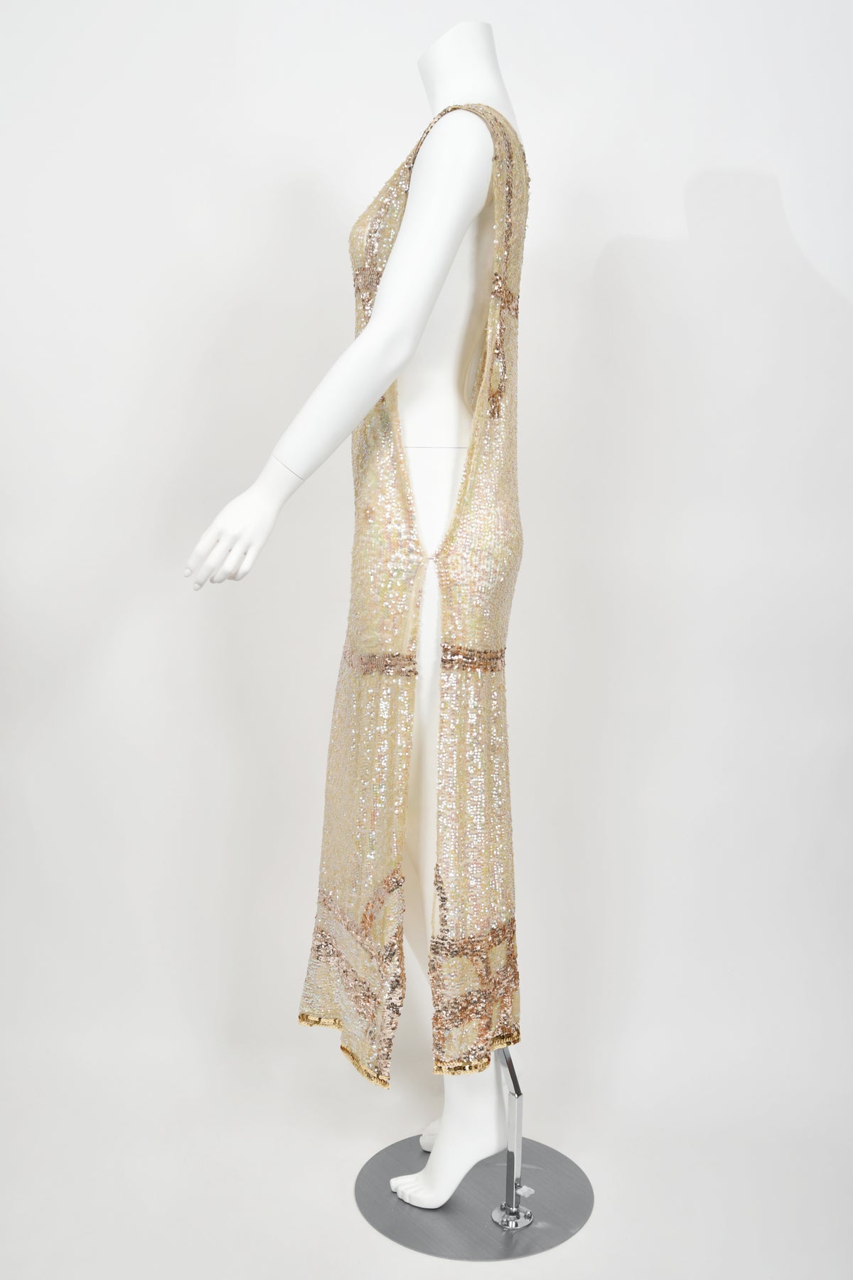 1920&#39;s Iridescent Ivory &amp; Gold Beaded Sequin Sheer-Net Tabard Flapper Dress