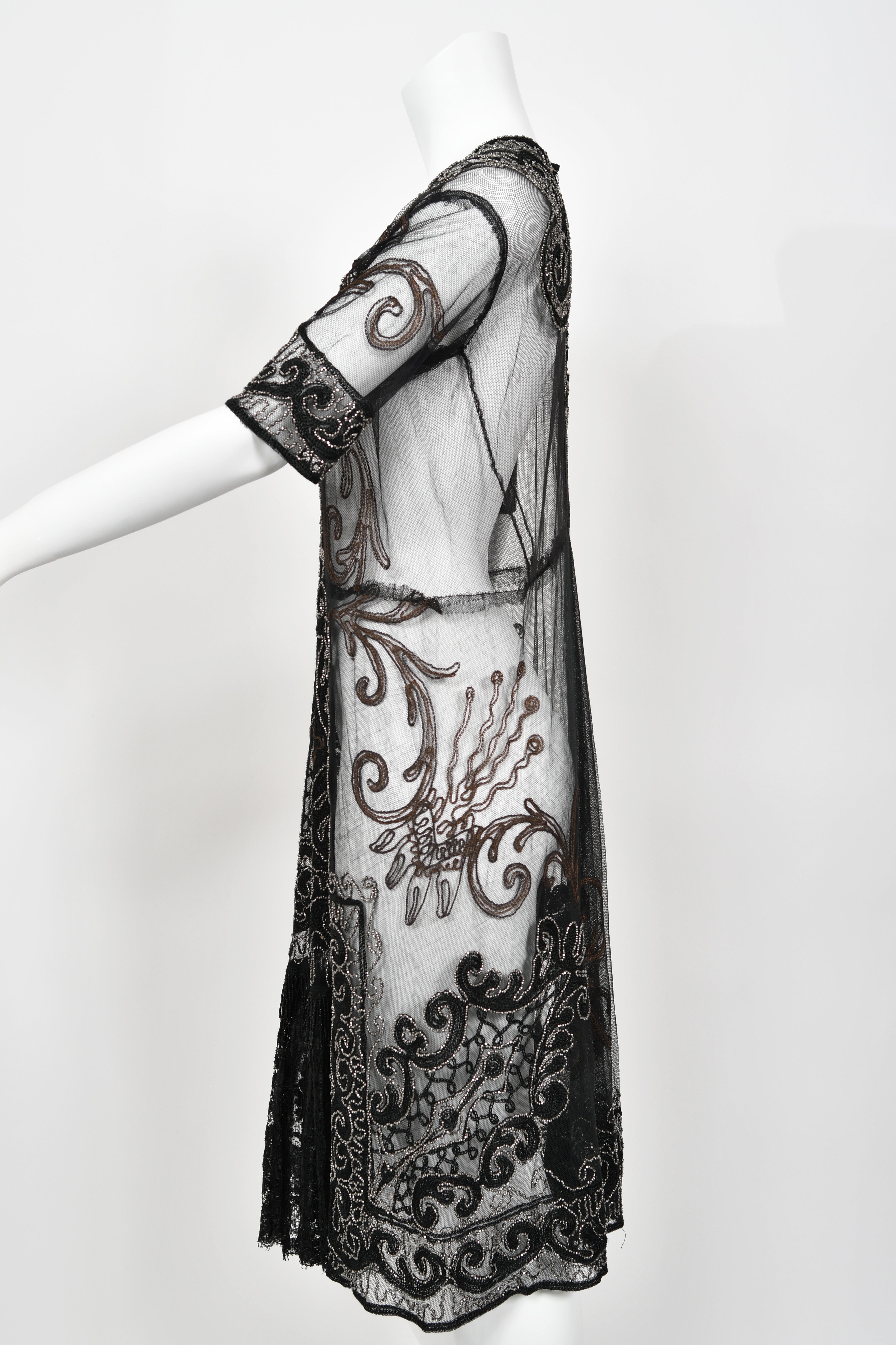 Vintage 1920's Embroidered Black Sheer Mixed-Lace Beaded Art Deco Motif Dress - Timeless Vixen Vintage 1920's Embroidered Black Sheer Mixed-Lace Beaded Art Deco Motif Dress - Timeless Vixen