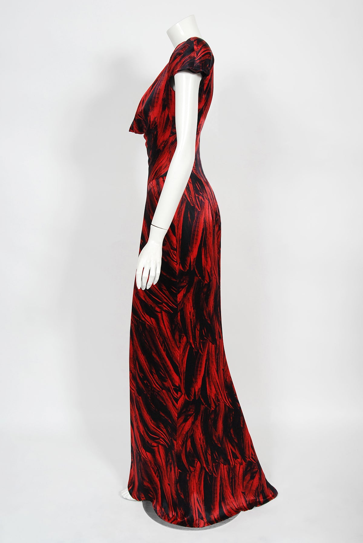 2009 Alexander McQueen Lifetime Red &amp; Black Feather Print Silk Hourglass Gown