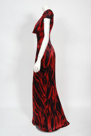 2009 Alexander McQueen Lifetime Red & Black Feather Print Silk Hourglass Gown