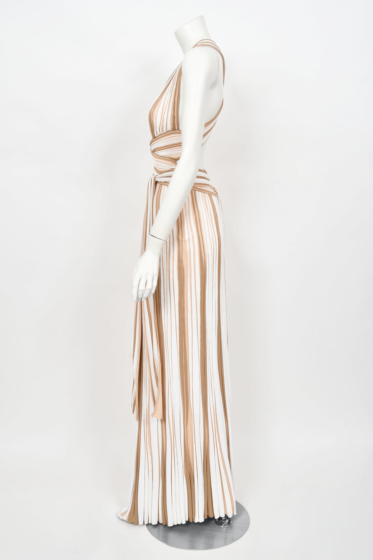 2002 Christian Dior by John Galliano Striped Stretch Knit Low-Plunge Gown
