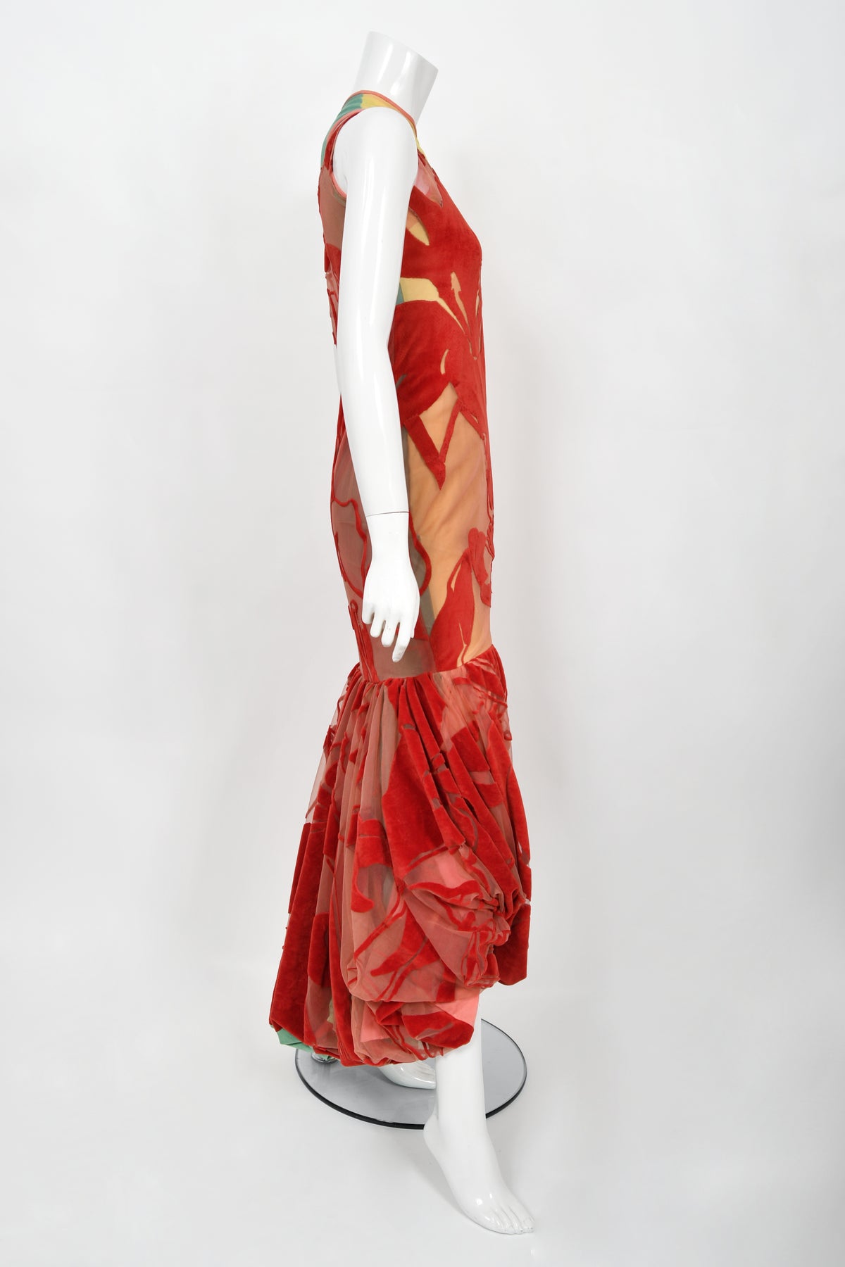 1991 John Galliano Documented Runway Red Flocked Velvet Asymmetric Bias-Cut Gown