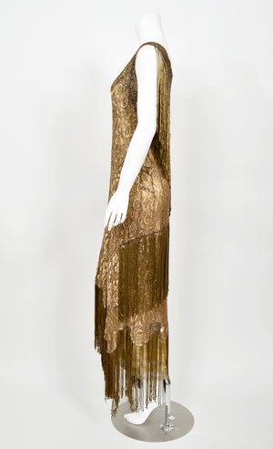 1920's Metallic Gold Lamé Lace Flapper Fringe Margot Robbie Film-Worn Dress