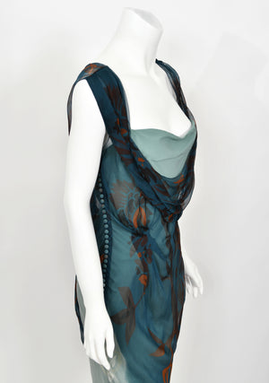 2006 Christian Dior by John Galliano Blue Watercolor Sheer Silk Draped Slip Dress