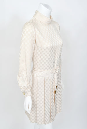 1968 Christian Dior Haute Couture Documented Ivory Checkered Silk Pleated Mini Dress