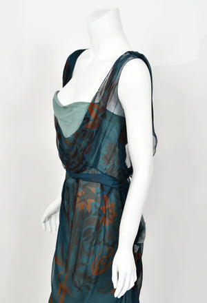 2006 Christian Dior by John Galliano Blue Watercolor Sheer Silk Draped Slip Dress