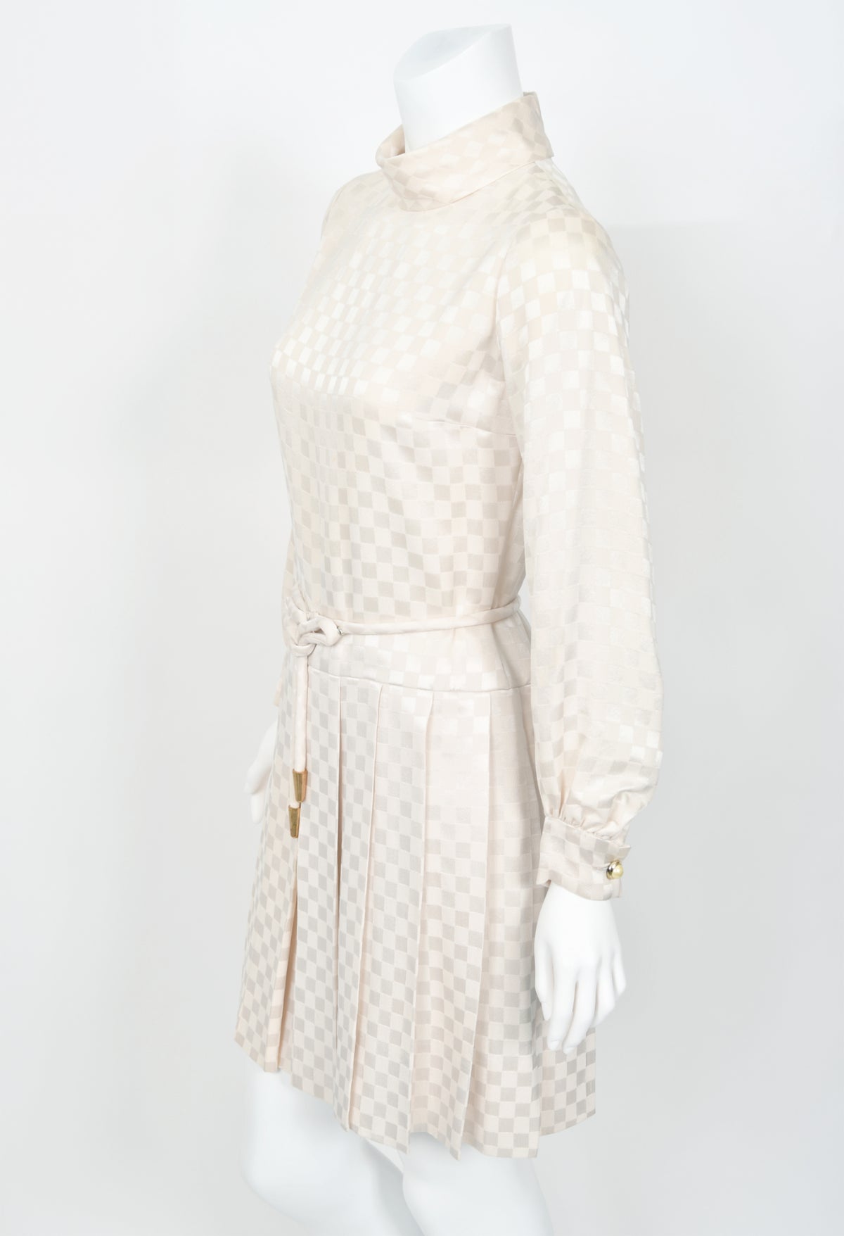 1968 Christian Dior Haute Couture Documented Ivory Checkered Silk Pleated Mini Dress
