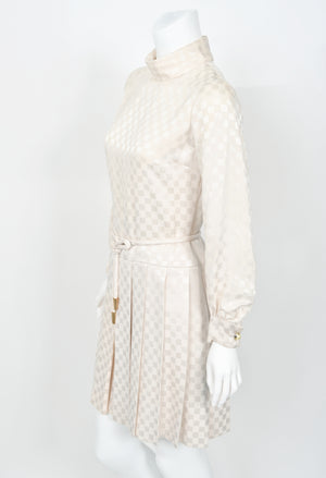 1968 Christian Dior Haute Couture Documented Ivory Checkered Silk Pleated Mini Dress